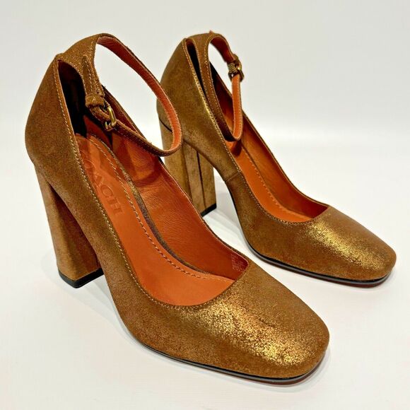 NWOB Coach Gold Metallic Leather Ankle Strap High Heel Pump Women’s Size 6B - Picture 2 of 15